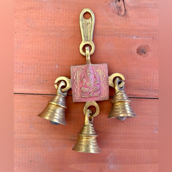 Golden Red Antique Style Brass Ganesha Wind Chime - Picture 1 of 10